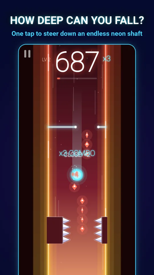 A run: the ball falls down a red neon shaft past spiked blocks, under the caption How deep can you fall?
